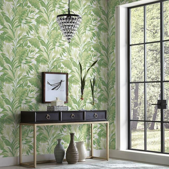 Green colour botanical wallpaper on living room 