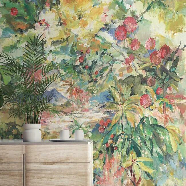 Wall mural with green flower and hand painted 